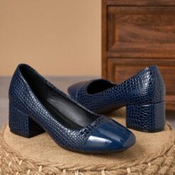 Royal Blue Croc-Embossed Block Heel Pumps